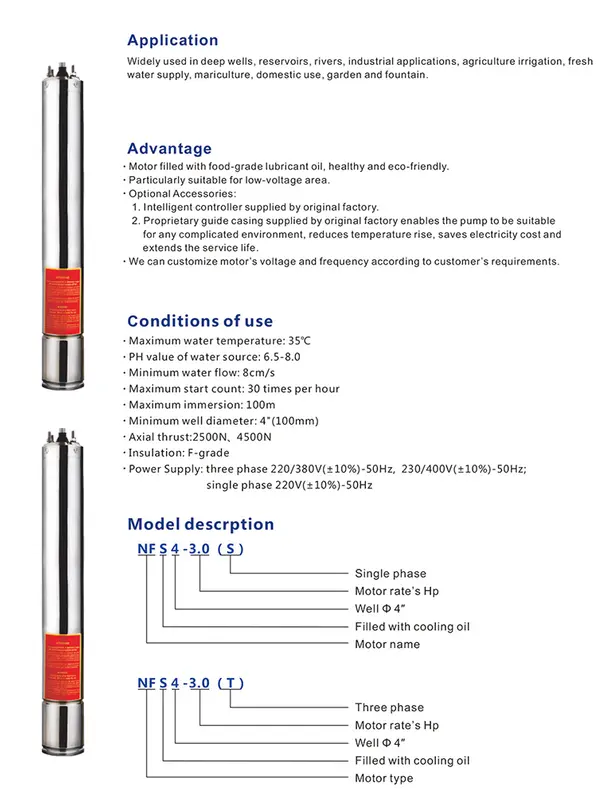 High Quality 4inch Oil Cooled Submersible Motor 1HP 0.75KW For Irrigation Submersible Motors